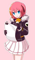 Rule 34 | 1girl, black gloves, blue eyes, breasts, closers, gloves, looking at viewer, open mouth, pink hair, ribbon, seulbi lee, short hair, side ponytail, small breasts, solo, suta (clusta)