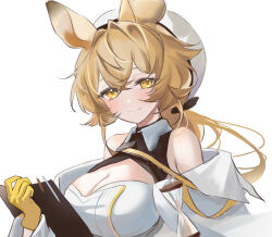 Rule 34 | 1girl, animal ears, arknights, bare shoulders, beret, blonde hair, blush, book, breasts, cleavage, cleavage cutout, closed mouth, clothing cutout, crossed bangs, dorothy (arknights), hair between eyes, hat, holding, holding notebook, jacket, large breasts, long hair, looking at viewer, low-tied long hair, mouse ears, mouse girl, notebook, off shoulder, open book, open clothes, open jacket, portrait, raramente, shirt, sidelocks, simple background, sleeveless, sleeveless shirt, smile, solo, white background, white hat, white jacket, white shirt, yellow eyes, yellow jacket