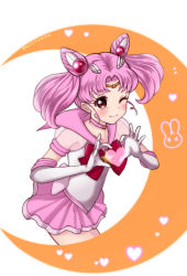 Rule 34 | 1girl, ;d, bishoujo senshi sailor moon, blush, bow, bowtie, brooch, chibi usa, choker, collarbone, cone hair bun, cowboy shot, crescent, double bun, elbow gloves, floating hair, gloves, hair bun, hair intakes, heart, highres, jewelry, layered skirt, leaning forward, long hair, looking at viewer, luxunshangxiang, miniskirt, one eye closed, open mouth, pink hair, pink sailor collar, pink skirt, pleated skirt, red bow, red bowtie, red eyes, sailor chibi moon, sailor collar, sailor senshi uniform, sailor shirt, see-through, shirt, short sleeves, skirt, smile, solo, star brooch, twintails, white background, white gloves, white shirt