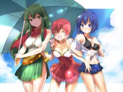 Rule 34 | 3girls, bikini, blue eyes, blue hair, blue sky, catria (fire emblem), closed eyes, closed mouth, cloud, est (fire emblem), fire emblem, fire emblem: mystery of the emblem, green eyes, green hair, holding, holding umbrella, jewelry, lazulia, long hair, multiple girls, necklace, nintendo, open mouth, palla (fire emblem), pink hair, short hair, siblings, sisters, sky, smile, swimsuit, umbrella