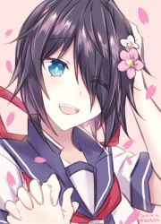 Rule 34 | 1girl, ahoge, black hair, blue eyes, blue sailor collar, cherry blossoms, commentary request, dated, eyes visible through hair, flower, hair flower, hair ornament, hairclip, hand on own head, head tilt, holding hands, interlocked fingers, kabocha torute, kako (kancolle), kantai collection, long hair, messy hair, neckerchief, one-hour drawing challenge, parted bangs, petals, pink background, ponytail, pov, red neckerchief, sailor collar, school uniform, serafuku, simple background, smile, solo, solo focus, upper body