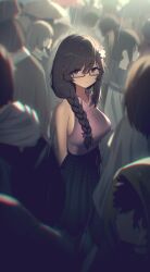Rule 34 | absurdres, black hair, black skirt, braid, breasts, closed mouth, commentary, commission, english commentary, glasses, hair between eyes, hair ornament, hair over shoulder, highres, hoplitx, large breasts, long hair, looking at viewer, multiple girls, original, pink shirt, pixiv commission, polka dot, polka dot skirt, purple eyes, rain, rectangular eyewear, shirt, shirt tucked in, single braid, skirt, sleeveless, sleeveless shirt, solo focus, virtual youtuber