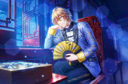 Rule 34 | 1boy, architecture, black pants, blonde hair, board game, chair, checkered clothes, chinese clothes, crossed legs, dragon print, earrings, east asian architecture, elbow rest, feet out of frame, game cg, glasses, go (board game), green eyes, grey jacket, hair between eyes, hand fan, head rest, highres, holding, holding fan, indoors, jacket, jewelry, lens flare, light particles, light smile, looking afar, looking outside, looking to the side, night, official art, open window, pants, patterned clothing, shinomiya natsuki (uta no prince-sama), shirt, short hair, sitting, table, tangzhuang, tassel, tassel earrings, third-party source, uta no prince-sama, uta no prince-sama: shining live, white shirt, window