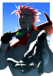 Rule 34 | 1boy, axe, bara, deruha (this communication), foreshortening, gloves, goggles, goggles around neck, half-closed eyes, head tilt, highres, holding, holding axe, huge eyebrows, large pectorals, looking at viewer, male focus, muscular, muscular male, over shoulder, pectorals, pink hair, short hair, smug, solo, spiked hair, sunlight, this communication, umedairuka, upper body, weapon, weapon over shoulder
