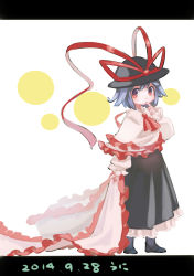 Rule 34 | 1girl, blue hair, blue sky, bow, bowtie, capelet, child, circle, dated, dress, frills, full body, hand to own mouth, hat, hat ribbon, highres, letterboxed, long skirt, long sleeves, looking at viewer, nagae iku, namauni, red eyes, ribbon, shawl, shirt, short hair, simple background, skirt, skirt set, sky, smile, solo, touhou, white background, white shirt