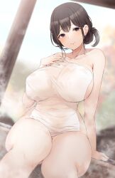 Rule 34 | 1girl, black hair, breasts, hair up, hand on own chest, highres, large breasts, nude, onsen, original, purple eyes, ryuu., sitting, thick thighs, thighs, towel