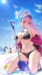 Rule 34 | 2girls, absurdres, bare shoulders, bikini, bird, black bikini, blue archive, blue sky, breasts, closed mouth, commentary request, eimi (blue archive), eimi (swimsuit) (blue archive), goggles, goggles on head, halo, highres, himari (blue archive), jacket, kneeling, large breasts, long hair, long sleeves, looking at viewer, multiple girls, navel, off shoulder, official alternate costume, open clothes, open jacket, outdoors, padded jacket, penguin, pink eyes, pink hair, pink halo, pink jacket, ponytail, revision, rubber duck, scarf, shovel, side-tie bikini bottom, ski goggles, sky, smile, snow, snow shovel, solar (happymonk), solo focus, sun, swimsuit, very long hair, white footwear, white scarf