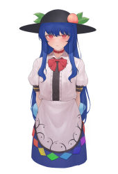 Rule 34 | 1girl, animal collar, black hat, blue hair, blue skirt, blush, bow, bowtie, center frills, closed mouth, collar, collared shirt, commentary, cowboy shot, cropped legs, food, frills, fruit, hat, highres, hinanawi tenshi, leaf, long hair, looking at viewer, ni (221), peach, puffy short sleeves, puffy sleeves, rainbow order, red bow, red bowtie, red eyes, shirt, short sleeves, simple background, skirt, solo, touhou, white background, white shirt