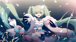 Rule 34 | 1girl, absurdres, bare shoulders, bow, candy, candy cane, confetti, dress, fang, food, fur-trimmed dress, fur trim, gloves, green eyes, green hair, hair between eyes, hair ornament, halter dress, halterneck, hatsune miku, highres, layered dress, light particles, light stick, long hair, looking at viewer, magical mirai miku, magical mirai miku (2020 winter), open mouth, outstretched arms, sash, signature, single glove, skirt, sleeveless, sleeveless dress, smile, solo, sylvia (huajiuhuajiu), twintails, very long hair, vocaloid, white gloves