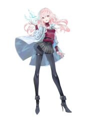 Rule 34 | 1girl, artist request, boots, coat, copyright request, cryokinesis, double helix blossom, high heel boots, high heels, highres, long hair, looking at viewer, magic, official art, pantyhose, pink hair, red eyes, skirt, tsukisagari kyo, white coat
