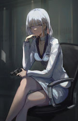 Rule 34 | 1girl, bandaged neck, bandages, bare legs, breasts, business suit, chair, cleavage, closed mouth, collarbone, crossed legs, formal, girls&#039; frontline, gun, highres, holding, holding gun, holding weapon, legs, looking at viewer, mai (xskdizzy), medium breasts, medium hair, office, office chair, office lady, paper, purple eyes, rpk-16 (girls&#039; frontline), rpk-16 (renate) (girls&#039; frontline), silver hair, simple background, sitting, smile, solo, suit, swivel chair, weapon, white suit, window