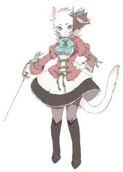 Rule 34 | 1girl, animal ears, bad id, bad pixiv id, blue flower, blue rose, boots, bow, cat, cat ears, cat tail, dress, flower, furry, furry female, gloves, green eyes, ikeuchi, long sleeves, pantyhose, rapier, rose, solo, sword, tail, weapon