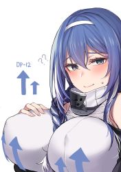 Rule 34 | 1girl, ?, ??, absurdres, arrow (symbol), blue hair, blush, braid, braided ponytail, breasts, closed mouth, covered erect nipples, dp-12 (girls&#039; frontline), girls&#039; frontline, hairband, hand on own chest, highres, jingo, korean commentary, large breasts, long hair, shirt, simple background, sleeveless, sleeveless shirt, solo, sweat, white background, white hairband, white shirt