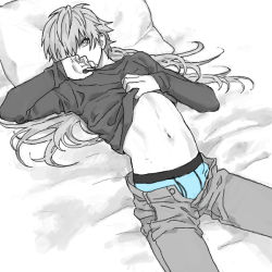 Rule 34 | 10s, 1boy, arched back, bed, blue male underwear, briefs, clothes lift, denim, dramatical murder, drawr, hand on own face, irini, jeans, long hair, looking at viewer, lying, male focus, male underwear, midriff, monochrome, navel, oekaki, on back, pants, pillow, seragaki aoba, shirt, shirt lift, spot color, t-shirt, toned, underwear, unzipped