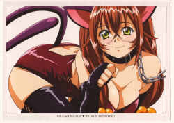 Rule 34 | 00s, animal ears, blush, breasts, brown hair, cat ears, cat tail, chain, cleavage, collar, elbow gloves, fingerless gloves, glasses, gloves, green eyes, highres, ikkitousen, ikkitousen dragon destiny, leash, long hair, moe (phrase), ryuubi gentoku, tail, thighhighs, yellow eyes
