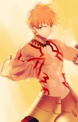 Rule 34 | 1boy, bad id, bad pixiv id, blonde hair, earrings, fate/hollow ataraxia, fate (series), gilgamesh (fate), gradient background, jewelry, male focus, naoko (juvenile), necklace, red eyes, solo, tattoo, topless male