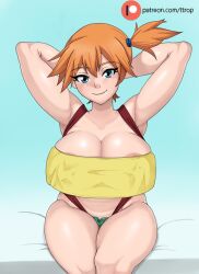 Rule 34 | 1girl, armpits, arms behind head, asymmetrical hair, blush, breasts, cowboy shot, creatures (company), denim, denim shorts, female focus, game freak, gen 1 pokemon, green eyes, gym leader, hair between eyes, hair tie, highres, huge breasts, large breasts, legs, looking at viewer, misty (pokemon), nintendo, nipples, orange hair, pokemon, pokemon (anime), pokemon (classic anime), ponytail, shirt, short hair, short shorts, shorts, side ponytail, simple background, smile, solo, suspenders, tank top, thick thighs, thighs, ttrop, yellow shirt