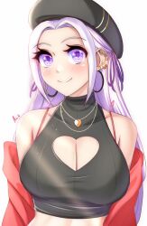 Rule 34 | 1girl, anisdrawn, artist name, black hat, black tank top, blush, breasts, cleavage, cleavage cutout, clothing cutout, commentary, earrings, edelgard von hresvelg, eyelashes, fire emblem, fire emblem: three houses, glint, hat, heart, heart cutout, heart necklace, highres, hoop earrings, jewelry, large breasts, long hair, necklace, nintendo, purple eyes, simple background, smile, solo, tank top, upper body, white background, white hair