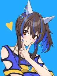 Rule 34 | 1girl, absurdres, animal ears, blue background, blue hair, brown eyes, brown hair, commentary request, daitaku helios (umamusume), gyaru, hair ornament, hairclip, heart, highres, horse ears, horse girl, jewelry, long hair, looking at viewer, mamu t7s, multicolored hair, necklace, partial commentary, sidelocks, simple background, smile, solo, streaked hair, two-tone hair, umamusume, upper body, v