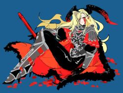 Rule 34 | 1girl, armor, black armor, black horns, black pants, blonde hair, blue background, breastplate, cape, dragon horns, facial mark, fate/grand order, fate (series), full body, fur-trimmed cape, fur trim, hair over one eye, high heels, horns, long hair, looking at viewer, lying, nero claudius (fate), nero claudius (fate) (all), pants, petals, pointy ears, queen draco (fate), queen draco (third ascension) (fate), ramu takka, red cape, red eyes, rose petals, shoulder plates, simple background, smile, solo, sword, wavy hair, weapon