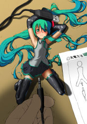 Rule 34 | 1girl, 999knight, armpits, arms up, audio jack, blush, boots, detached sleeves, green eyes, green hair, hatsune miku, long hair, mini person, minigirl, necktie, phallic symbol, pov, sexually suggestive, skirt, thigh boots, thighhighs, translated, trembling, usb, very long hair, vocaloid