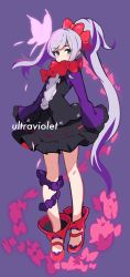 Rule 34 | 1girl, absurdres, black dress, bow, bug, butterfly, closed mouth, dress, english text, green eyes, hair bow, highres, bug, kurumitsu, long hair, long sleeves, looking at viewer, original, ponytail, purple background, purple hair, red bow, red footwear, red neckwear, scrunchie, solo, upper body, very long hair