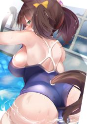 Rule 34 | 1girl, absurdres, akiba monaka, animal ears, ass, back, backboob, bad id, bad pixiv id, bent over, blue one-piece swimsuit, blush, breasts, brown hair, cameltoe, commentary request, from behind, green eyes, hair ribbon, highres, horse ears, horse girl, inari one (umamusume), large breasts, looking at viewer, looking back, one-piece swimsuit, pool, poolside, ribbon, shoulder blades, sideboob, solo, swimsuit, umamusume