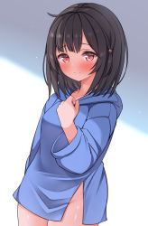Rule 34 | 1girl, black hair, blue hoodie, blush, closed mouth, commentary request, granblue fantasy, groin, hand up, hekomii, highres, hood, hood down, hoodie, long sleeves, looking at viewer, red eyes, smile, solo, vikala (granblue fantasy), wide sleeves