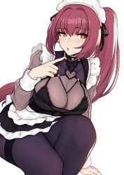Rule 34 | 1girl, alternate costume, apron, black skirt, blush, bodysuit, breasts, cleavage, enmaided, evan yang, fate/grand order, fate (series), frills, hair intakes, highres, large breasts, long hair, looking at viewer, maid, maid headdress, open mouth, ponytail, purple hair, red eyes, scathach (fate), see-through, simple background, sitting, skirt, thighs, waist apron, white apron, white background