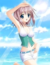 Rule 34 | 1girl, artist request, barefoot, blue eyes, blush, breasts, cleavage, cloud, collarbone, hand on own hip, hip focus, light rays, looking at viewer, midriff, navel, ocean, open mouth, purple hair, short hair, short shorts, shorts, sky, small breasts, smile, solo, sparkle, sunbeam, sunlight, water, white shorts