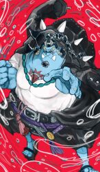 Rule 34 | 1boy, alternate costume, belt, black hair, blue skin, bubble, clenched hand, clothes down, coat, coat on shoulders, colored skin, curly eyebrows, facial hair, fighting stance, fins, fish boy, frown, full body, goatee, highres, houkikatuhisa, hydrokinesis, jinbe (one piece), large pectorals, looking at viewer, male focus, mature male, muscular, muscular male, one piece, outstretched arm, pectoral cleavage, pectorals, pointy ears, serious, shirt, solo, spikes, t-shirt, tusks, water, webbed hands