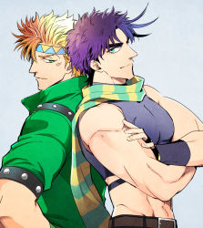 Rule 34 | 2boys, abs, back-to-back, bare shoulders, battle tendency, biceps, blonde hair, caesar anthonio zeppeli, crop top, crossed arms, facial mark, feather hair ornament, feathers, fingerless gloves, gloves, green eyes, green jacket, green scarf, groin, hair ornament, headband, jacket, jojo no kimyou na bouken, joseph joestar, joseph joestar (young), kine (warabi mk501), male focus, midriff, multicolored clothes, multicolored scarf, multiple boys, muscular, muscular male, purple hair, scarf, striped clothes, striped scarf, triangle print, yellow scarf
