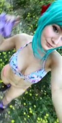 Rule 34 | 1girl, ahegao, animated, aqua hair, audible music, bare legs, blue eyes, bra, breasts, bulma, bulma (cosplay), cosplay, dragon ball, dragon ball (classic), floating hair, grass, hand on own hip, lips, looking at viewer, lowres, medium breasts, nature, naughty face, navel, omgcosplay, panties, photo (medium), pink panties, ponytail, real life, sky, smile, solo, sound, standing, thighs, underwear, underwear only, undressing, video