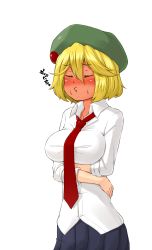 Rule 34 | 1girl, absurdres, arms under breasts, beret, blonde hair, blush, breasts, closed eyes, collared shirt, commentary request, cowboy shot, eikiri eimu, full-face blush, green hat, hair between eyes, hat, highres, junk gaming maiden, kitsunerider, large breasts, mole, mole under eye, necktie, o3o, puckered lips, red necktie, shirt, short hair, simple background, sleeves rolled up, solo, white background, white shirt