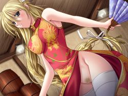 Rule 34 | 1girl, blonde hair, blue eyes, braid, braided ponytail, breasts, censored, china dress, chinese clothes, covered erect nipples, dragon, dragon print, dress, dutch angle, eastern dragon, female pubic hair, floating hair, frey adesu vue ikishia, game cg, hair between eyes, hair ribbon, hand fan, holding, holding fan, indoors, large breasts, long hair, mosaic censoring, no panties, otome (riddle soft), parted lips, print dress, pubic hair, red dress, ribbon, sleeveless, sleeveless dress, solo, standing, sweatdrop, thighhighs, very long hair, white ribbon, white thighhighs, wooden ceiling, yamamoto kazue