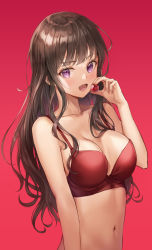 Rule 34 | 1girl, :d, bare arms, bare shoulders, bra, breasts, brown hair, cleavage, collarbone, food, fruit, hand up, highres, holding, long hair, looking at viewer, lunacle, medium breasts, navel, open mouth, original, purple eyes, red background, red bra, simple background, smile, solo, stomach, underwear, underwear only, upper body