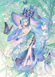 Rule 34 | absurdly long hair, aqua hair, arm tattoo, asymmetrical gloves, atdan, bare shoulders, black butterfly, blue butterfly, blue flower, blue hair, blue headwear, blush, breasts, bug, butterfly, butterfly hair ornament, butterfly ornament, cangqiong, cleavage, closed mouth, commentary, day, dress, earrings, english commentary, flower, flower hat, folding fan, full body, gloves, gradient gloves, green dress, green eyes, hair between eyes, hair ornament, half gloves, halter dress, halterneck, hand fan, hand up, hat, high heels, highres, holding, holding fan, insect, jewelry, large breasts, leaf, long hair, looking at viewer, morning glory, nature, on flower, one side up, outstretched arm, oversized flower, partially fingerless gloves, pink butterfly, plant, purple flower, purple headwear, sandals, side slit, silver footwear, smile, standing, stiletto heels, synthesizer v, tattoo, toes, tree, uneven gloves, very long hair, vines, witch hat