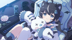 Rule 34 | 1girl, ahoge, animal ears, asymmetrical legwear, bat ears, bat girl, bat wings, black hair, blue eyes, blush, bow, can, candy, chair, collar, commission, controller, demon horns, detached sleeves, detached wings, drink can, fang, food, game controller, gaming chair, ghost hair ornament, hair ornament, highres, holding, holding stuffed toy, horns, keyboard (computer), lollipop, long sleeves, looking at viewer, mismatched legwear, monitor, mouse (computer), original, skeb commission, smile, soda can, stuffed animal, stuffed toy, swivel chair, twintails, tyomimas, wings