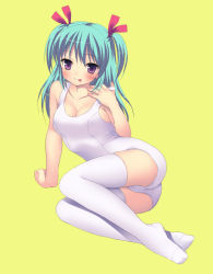 Rule 34 | 1girl, :p, adjusting clothes, adjusting swimsuit, aqua hair, arm support, ass, blush, breasts, chitosezaka suzu, cleavage, female focus, full body, hair ribbon, legs, lying, on side, one-piece swimsuit, original, purple eyes, ribbon, school swimsuit, short twintails, simple background, solo, swimsuit, thighhighs, tongue, tongue out, twintails, white one-piece swimsuit, white school swimsuit, white thighhighs