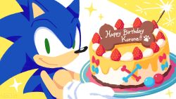 Rule 34 | absurdres, birthday cake, blue fur, bone, cake, candle, english text, food, fruit, furry, furry male, green eyes, happy birthday, hedgehog, highres, hololive, looking at viewer, no humans, official art, smile, solo, sonic (series), sonic the hedgehog, strawberry, virtual youtuber