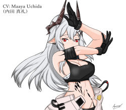 Rule 34 | 1girl, arknights, arm up, armband, ayata asamu, bare shoulders, black gloves, breasts, cleavage, crop top, gloves, groin, hair between eyes, highres, horns, large breasts, long hair, looking at viewer, material growth, midriff, mudrock (arknights), mudrock (elite ii) (arknights), navel, oripathy lesion (arknights), pointy ears, red eyes, sarashi, silver hair, simple background, solo, sports bra, stomach, uchida maaya, upper body, voice actor connection, white background