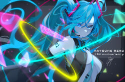 Rule 34 | 1girl, bare shoulders, black background, black skirt, black sleeves, blue background, blue eyes, blue hair, blue necktie, blush, closed mouth, commentary, detached sleeves, goma irasuto, grey shirt, hair ornament, hands on headphones, hatsune miku, headphones, headset, hibikase (vocaloid), highres, long hair, looking at viewer, miniskirt, multicolored background, necktie, pleated skirt, shirt, skirt, sleeveless, sleeveless shirt, solo, sound wave, twintails, very long hair, vocaloid