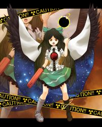 Rule 34 | 1girl, abe ranzu, asymmetrical clothes, asymmetrical footwear, black sun, bow, brown hair, cape, caution, caution tape, female focus, hair bow, highres, long hair, md5 mismatch, mismatched footwear, radiation symbol, red eyes, reiuji utsuho, resolution mismatch, solo, source smaller, sun, symbol-shaped pupils, touhou, wings, zoom layer