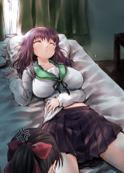 Rule 34 | 2girls, anger vein, angry, bed, bow, breasts, collarbone, curtains, day, eyebrows, closed eyes, hair bow, indoors, large breasts, lying, multiple girls, on back, original, pillow, pleated skirt, ponytail, red bow, school uniform, serafuku, skirt, sleeping, solo focus, tousen, window