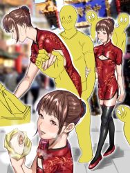 Rule 34 | androgynous, baozi, black legwear, blush, brown eyes, brown hair, bulge, bun cover, china dress, chinese clothes, cleavage cutout, clothing cutout, crossdressing, dress, eyelashes, food, highres, holding hands, kimidake, looking at viewer, multiple boys, original, red dress, side slit, smile, solo focus, standing, thighhighs, trap