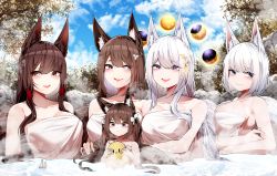 Rule 34 | 5girls, :d, absurdres, aged down, akagi (azur lane), amagi-chan (azur lane), amagi (azur lane), animal ear fluff, animal ears, aqua eyes, armpits, azur lane, bare shoulders, blue sky, blunt bangs, branch, breasts, brown hair, cleavage, cloud, cloudy sky, collarbone, commentary request, fox ears, fox girl, fox tail, hair between eyes, hair ornament, hair tubes, highres, kaga (azur lane), kitsune, kyuubi, large breasts, long hair, looking at viewer, manjuu (azur lane), multiple girls, multiple tails, naked towel, name connection, open mouth, purple eyes, red eyes, samip, shinano (azur lane), short hair, sidelocks, size difference, sky, smile, steam, stuffed animal, stuffed toy, tail, thick eyebrows, towel, twintails, white hair