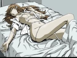 Rule 34 | 1990s (style), 1girl, bed, bed sheet, bottomless, breasts, electrodes, the end of evangelion, female focus, highres, hospital, hospital bed, indoors, long hair, neon genesis evangelion, nipples, on bed, open clothes, open shirt, retro artstyle, shirt, small breasts, small nipples, solo, souryuu asuka langley, unconscious