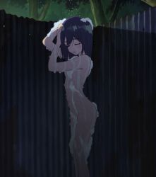Rule 34 | 1girl, anime screenshot, black hair, blush stickers, breasts, flip flappers, highres, kojima takashi, kokomine cocona, night, non-web source, nude, outdoors, screencap, short hair, showering, small breasts, soap bubbles, solo, standing, stitched, third-party edit, washing hair, water, wet
