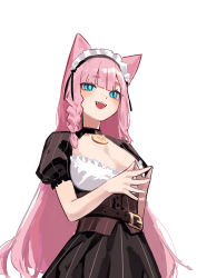 Rule 34 | 1girl, absurdres, animal ears, belt, belt buckle, black dress, blue eyes, braid, buckle, cat ears, commentary request, dress, highres, korean commentary, long hair, looking at viewer, maid headdress, open mouth, original, own hands together, pink hair, puffy short sleeves, puffy sleeves, short sleeves, side braid, simple background, smile, solo, steepled fingers, teeth, upper body, upper teeth only, white background, yoon cook