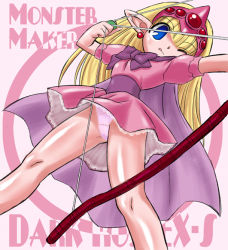 Rule 34 | 1girl, :q, ;q, blonde hair, blue eyes, bow, bow (weapon), cape, copyright name, dress, earrings, hirooki (dr-e), jewelry, long hair, lorien, lorien (monster maker), monster maker, one eye closed, panties, pantyshot, pink dress, pink panties, pink skirt, pointy ears, ribbon, skirt, solo, tiara, tongue, tongue out, underwear, upskirt, weapon, white background, wink
